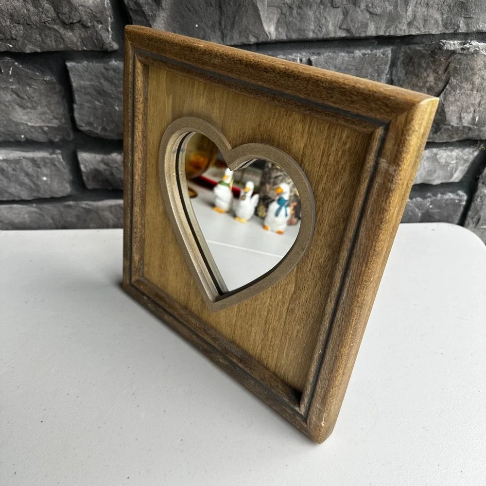 Vintage Rustic Wooden Heart Shaped Framed Wall Mirror Cottagecore Granny Country